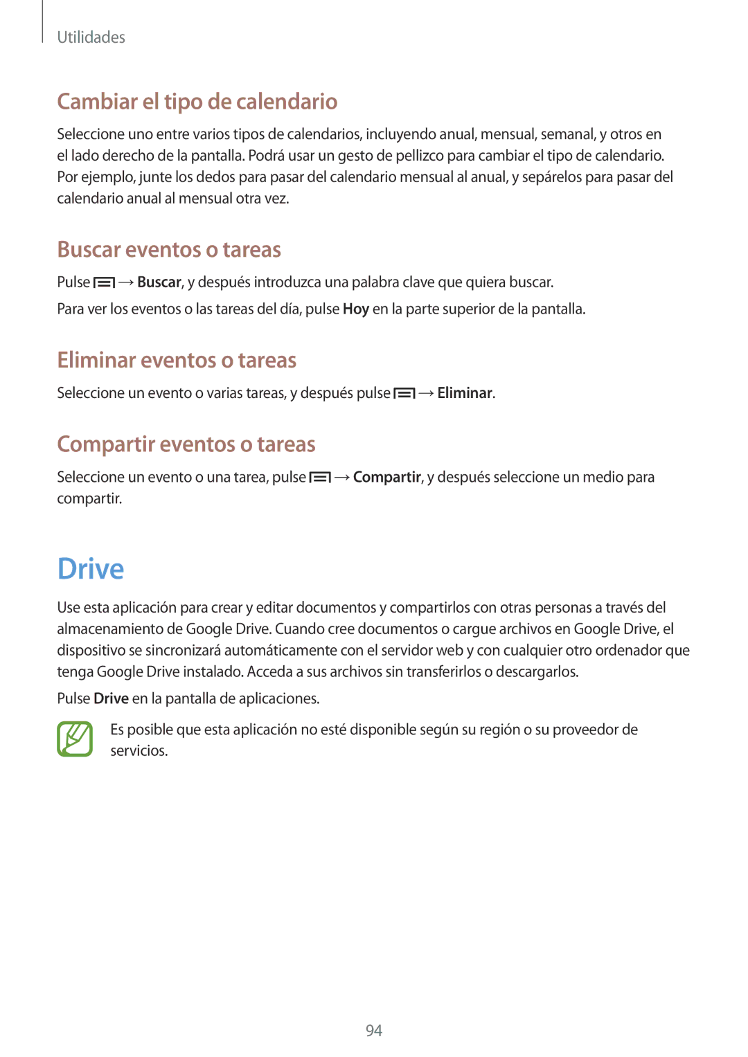 Samsung GT-I9305MBDATL manual Drive, Cambiar el tipo de calendario, Buscar eventos o tareas, Eliminar eventos o tareas 