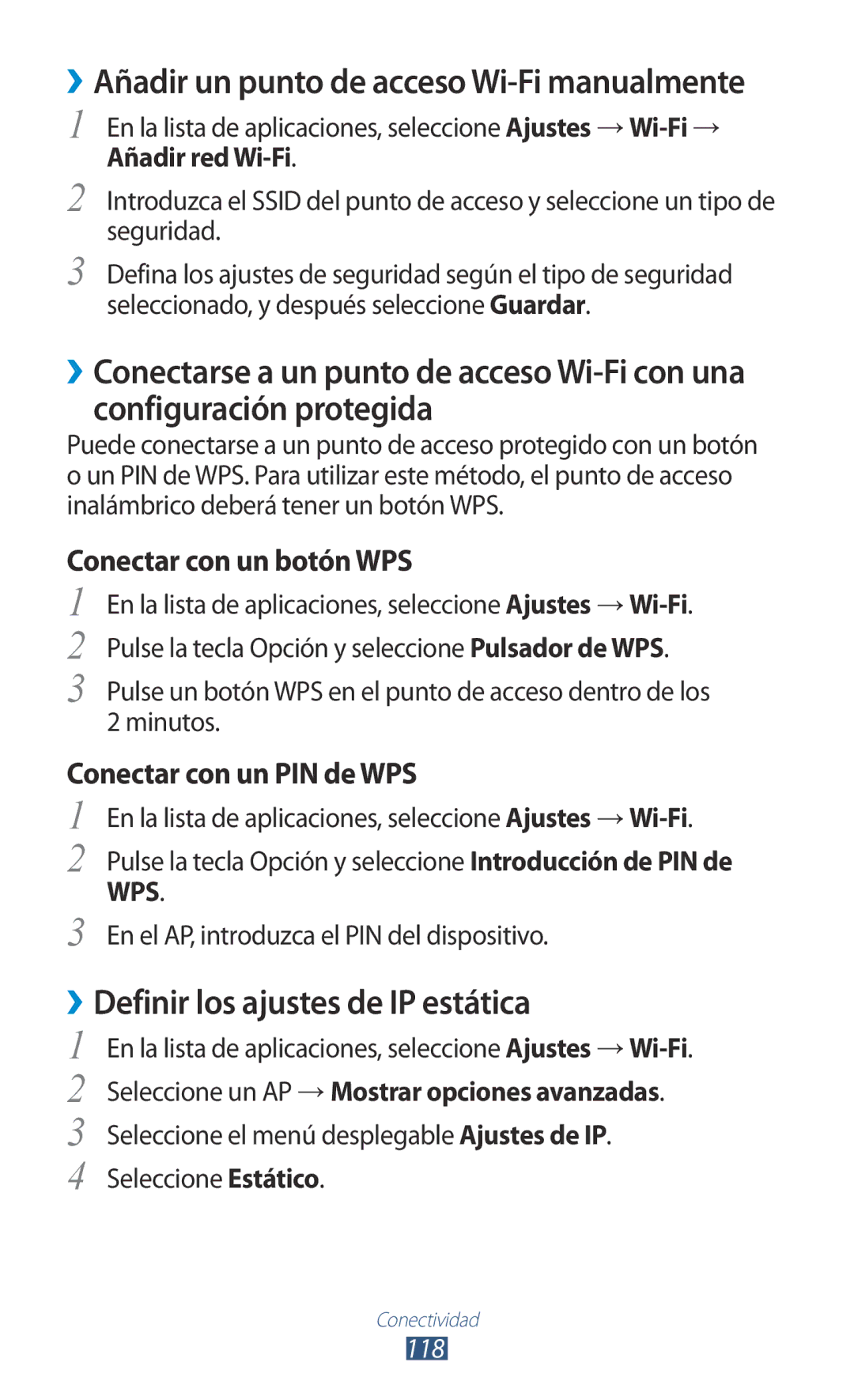 Samsung GT-I9305OKDKPN ››Definir los ajustes de IP estática, En la lista de aplicaciones, seleccione Ajustes →Wi-Fi→, 118 