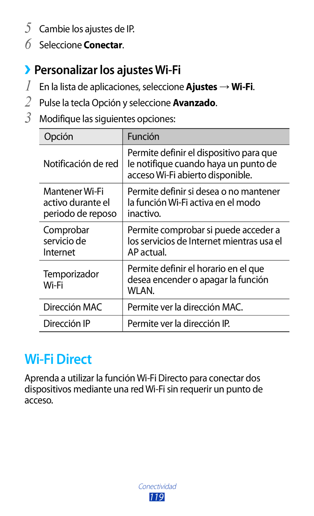 Samsung GT-I9305MBDATL, GT-I9305RWDSFR, GT-I9305OKDSFR, GT-I9305RWDATL Wi-Fi Direct, ››Personalizar los ajustes Wi-Fi, 119 