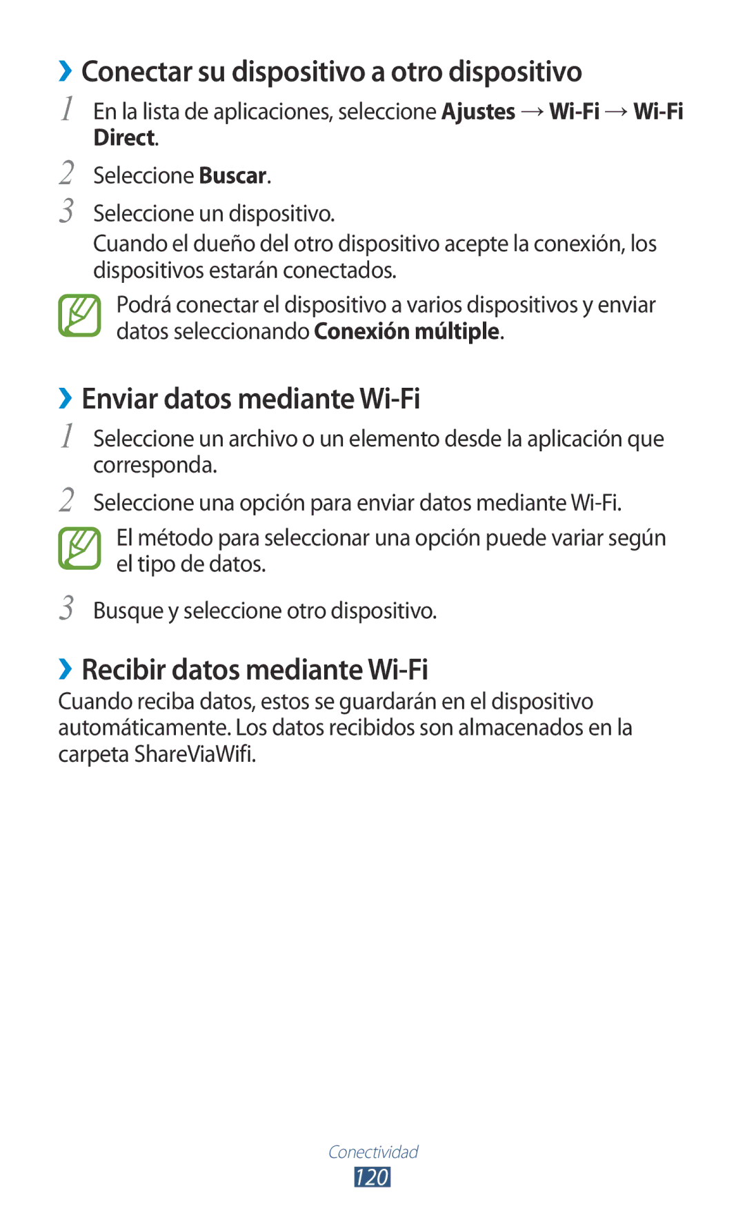 Samsung GT-I9305RWDSFR manual ››Conectar su dispositivo a otro dispositivo, ››Enviar datos mediante Wi-Fi, Direct, 120 