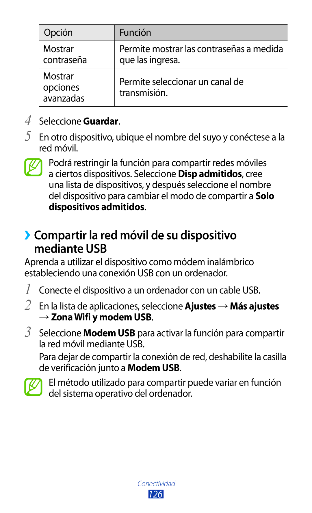 Samsung GT-I9305OKDSFR manual ››Compartir la red móvil de su dispositivo mediante USB, Opción Función Mostrar, 126 