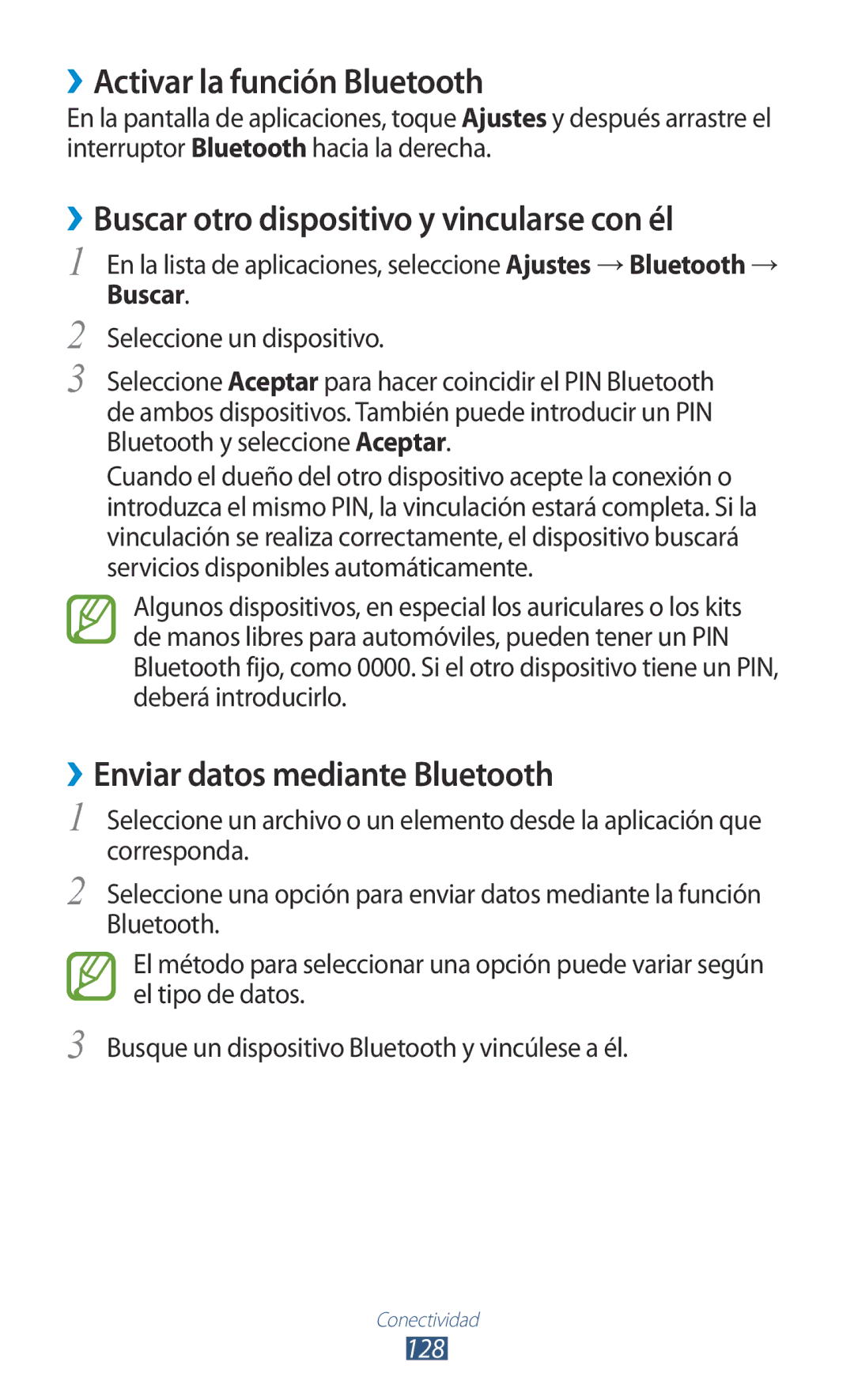 Samsung GT-I9305OKDKPN, GT-I9305RWDSFR ››Activar la función Bluetooth, ››Buscar otro dispositivo y vincularse con él, 128 