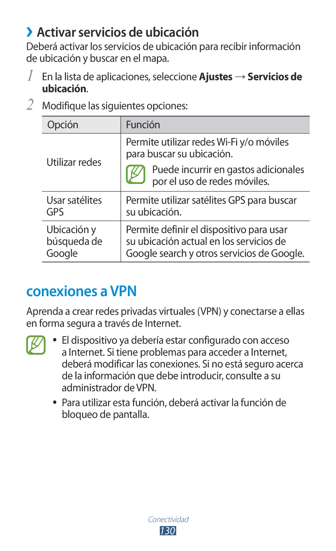 Samsung GT-I9305RWDSFR, GT-I9305OKDSFR, GT-I9305RWDATL manual Conexiones a VPN, ››Activar servicios de ubicación, 130 