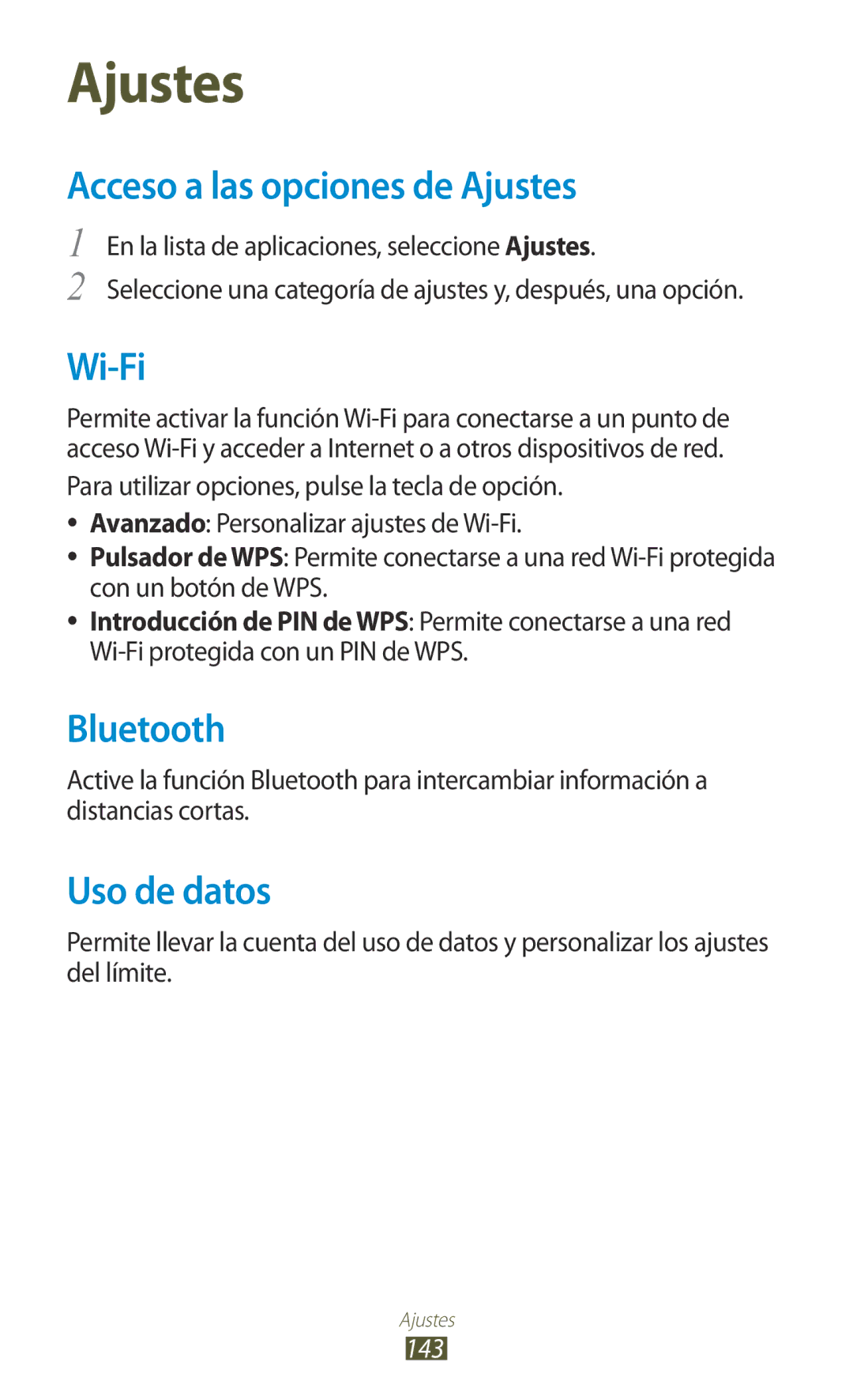 Samsung GT-I9305OKDKPN, GT-I9305RWDSFR, GT-I9305OKDSFR, GT-I9305RWDATL Acceso a las opciones de Ajustes, Uso de datos, 143 