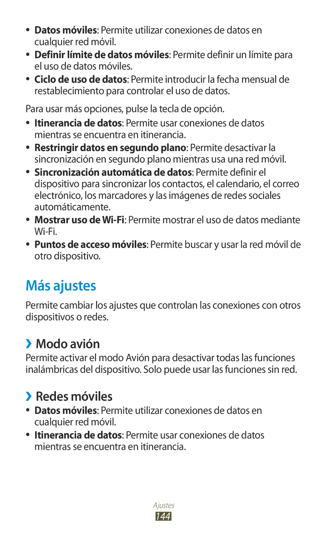 Samsung GT-I9305MBDATL, GT-I9305RWDSFR, GT-I9305OKDSFR, GT-I9305RWDATL manual Más ajustes, ››Modo avión, ››Redes móviles, 144 