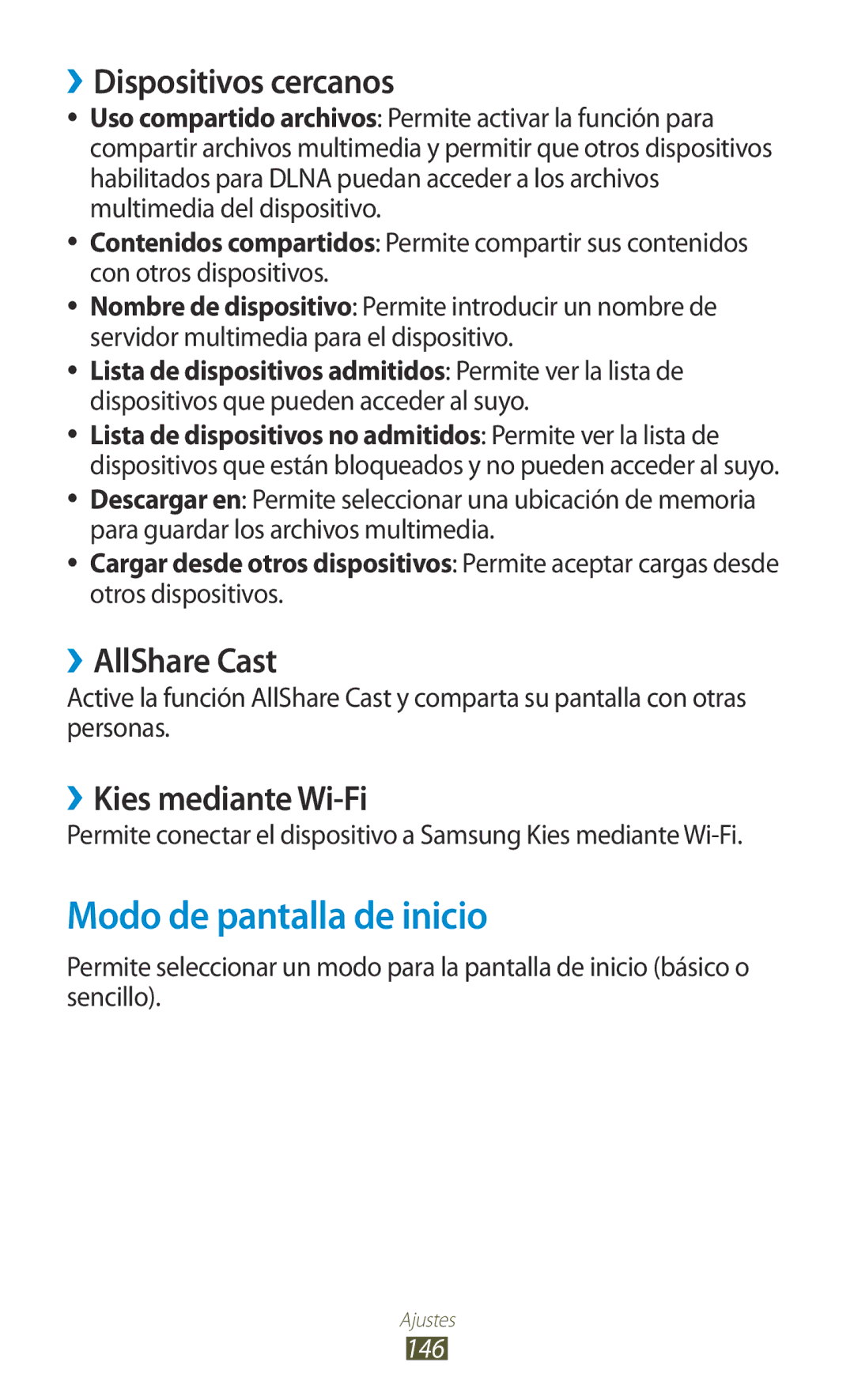 Samsung GT-I9305OKDSFR Modo de pantalla de inicio, ››Dispositivos cercanos, ››AllShare Cast, ››Kies mediante Wi-Fi, 146 