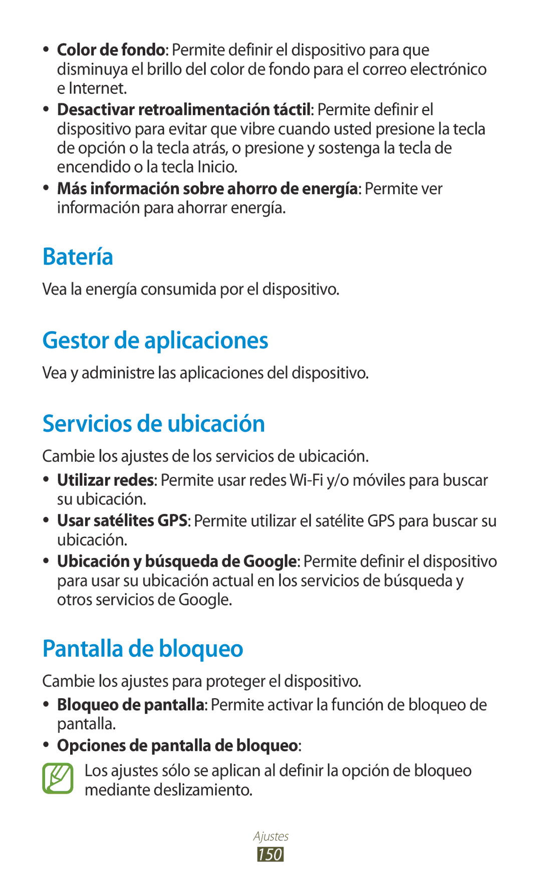 Samsung GT-I9305RWDSFR, GT-I9305OKDSFR manual Batería, Gestor de aplicaciones, Servicios de ubicación, Pantalla de bloqueo 