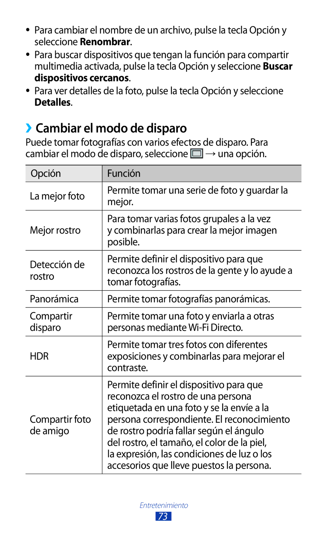 Samsung GT-I9305OKDKPN, GT-I9305RWDSFR, GT-I9305OKDSFR, GT-I9305RWDATL, GT-I9305MBDATL manual ››Cambiar el modo de disparo 