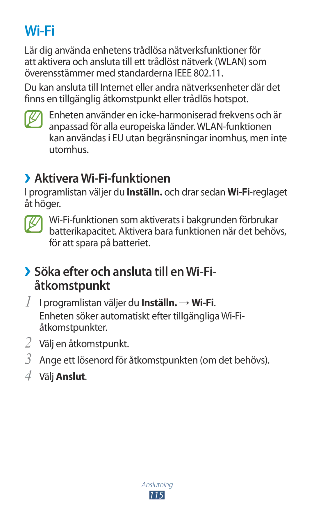 Samsung GT-I9305TANNEE manual ››Aktivera Wi-Fi-funktionen, ››Söka efter och ansluta till en Wi-Fi- åtkomstpunkt 