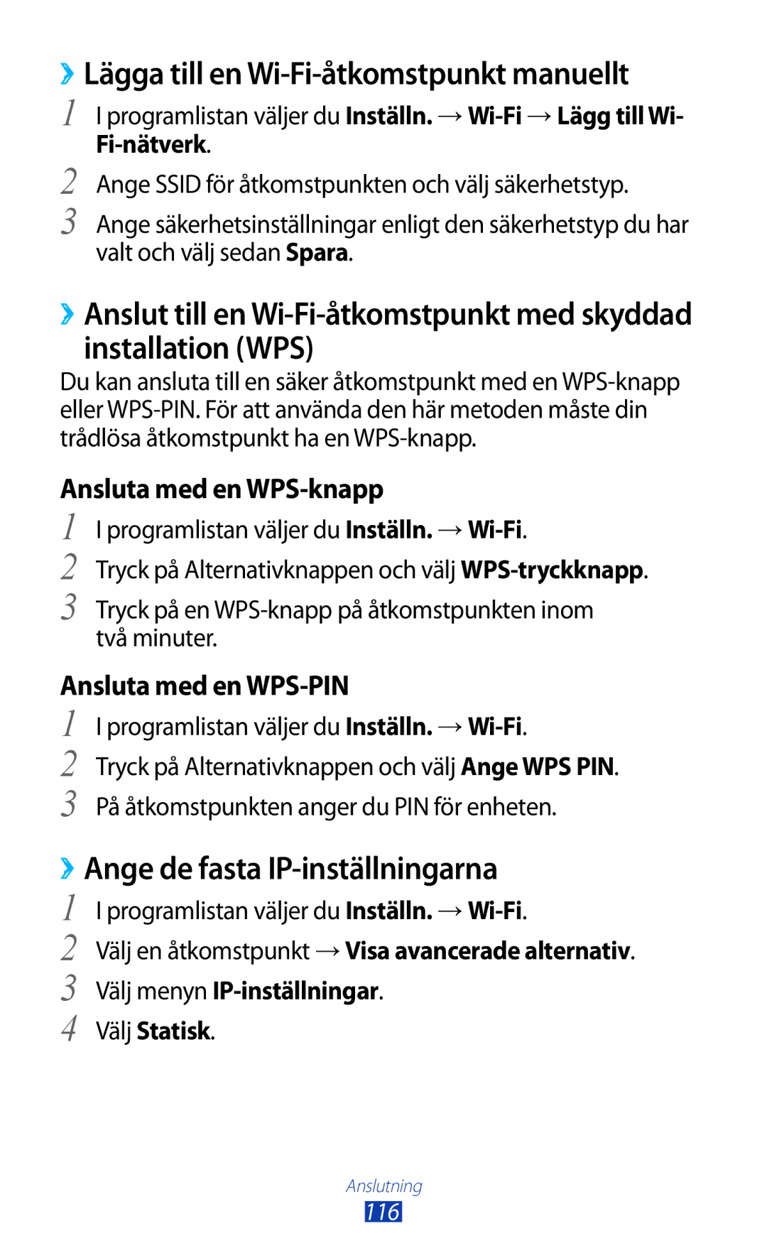 Samsung GT-I9305MBNNEE manual ››Lägga till en Wi-Fi-åtkomstpunkt manuellt, ››Ange de fasta IP-inställningarna, Välj Statisk 