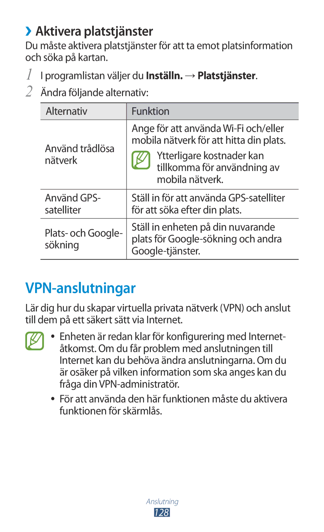 Samsung GT-I9305ZNNNEE, GT-I9305TANNEE, GT-I9305MBNNEE, GT-I9305RWNNEE manual VPN-anslutningar, ››Aktivera platstjänster 