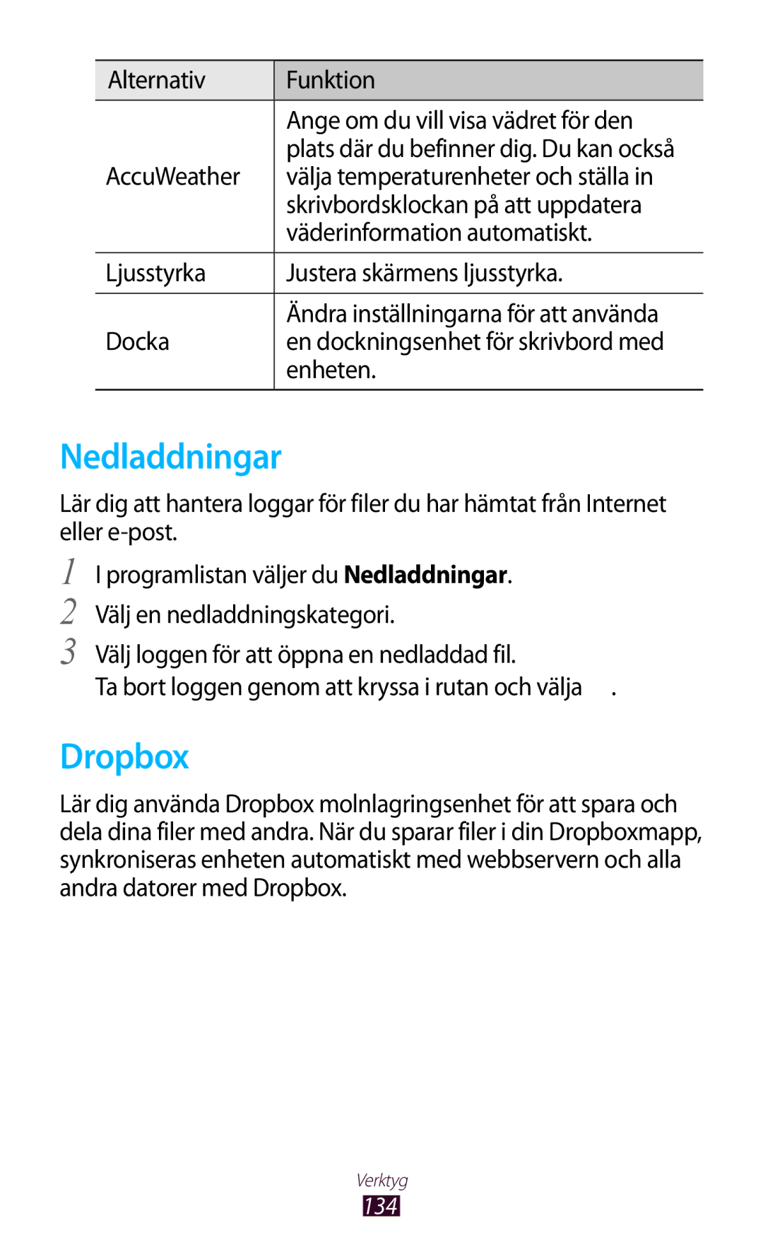 Samsung GT-I9305OKNNEE Nedladdningar, Dropbox, Alternativ Funktion Ange om du vill visa vädret för den, Docka, Enheten 