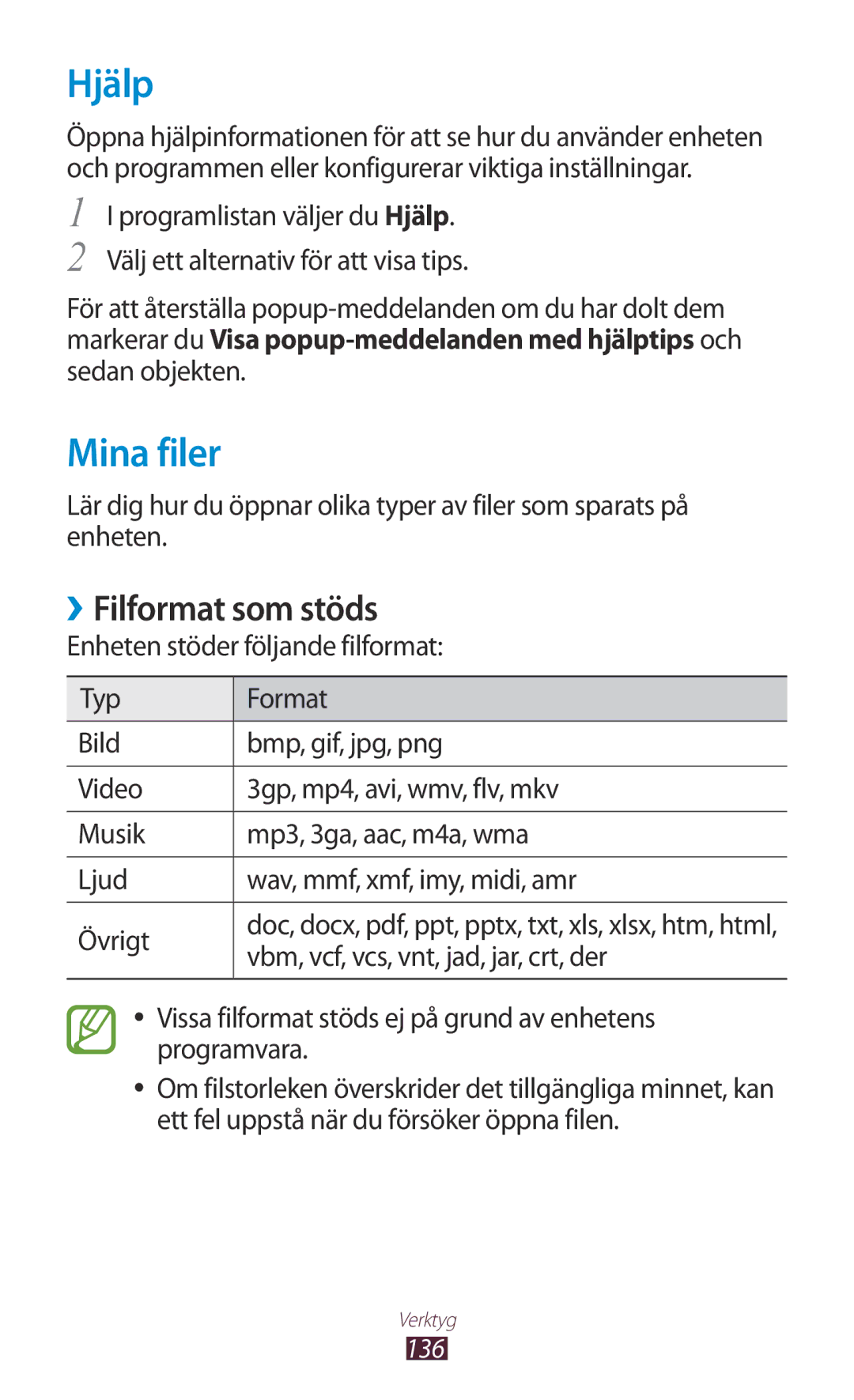 Samsung GT-I9305MBNNEE, GT-I9305TANNEE, GT-I9305RWNNEE, GT-I9305ZNNNEE manual Hjälp, Mina filer, ››Filformat som stöds 