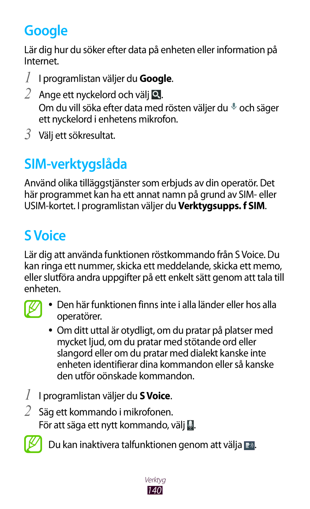 Samsung GT-I9305TANNEE, GT-I9305MBNNEE, GT-I9305RWNNEE, GT-I9305ZNNNEE, GT-I9305OKNNEE manual Google, SIM-verktygslåda, Voice 