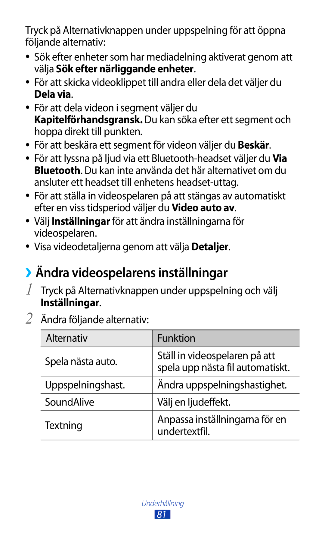 Samsung GT-I9305MBNNEE, GT-I9305TANNEE, GT-I9305RWNNEE, GT-I9305ZNNNEE ››Ändra videospelarens inställningar, Inställningar 