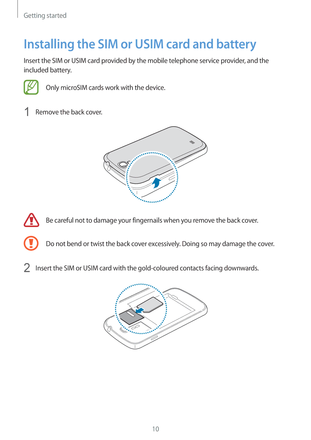 Samsung GT-I9500ZSABTC, GT-I9500DKYAFG, GT-I9500DKYBTC, GT-I9500GNAAFR manual Installing the SIM or Usim card and battery 