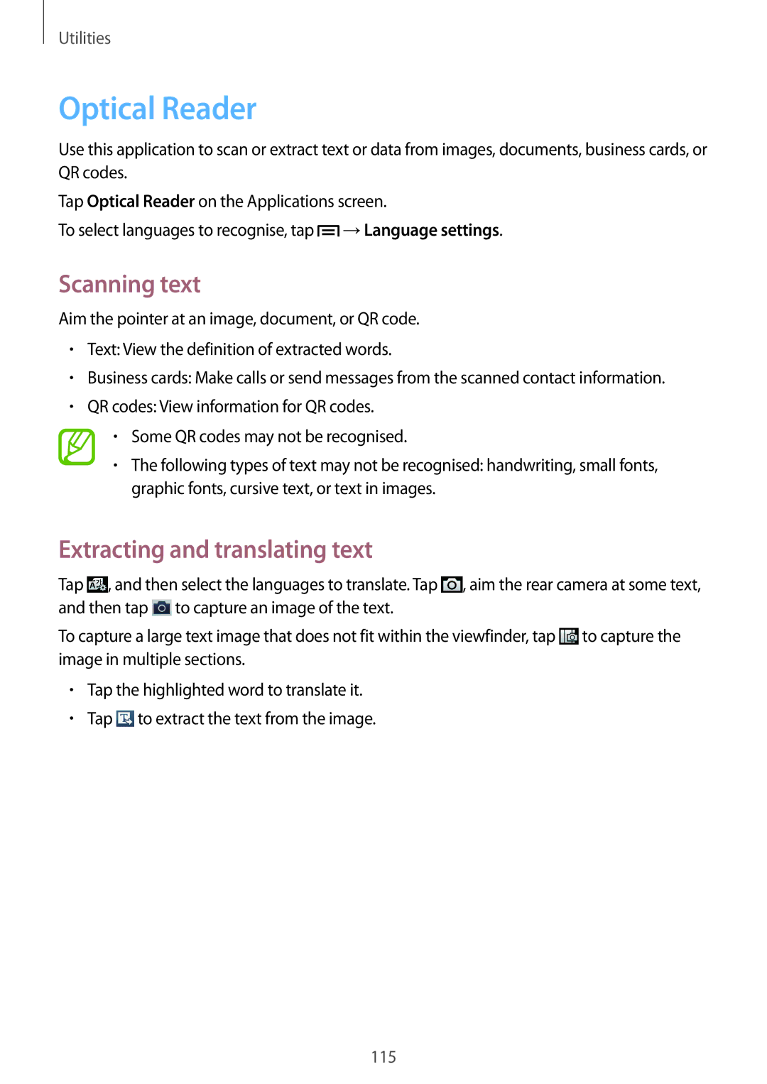 Samsung GT-I9500ZBAMID, GT-I9500DKYAFG, GT-I9500DKYBTC manual Optical Reader, Scanning text, Extracting and translating text 