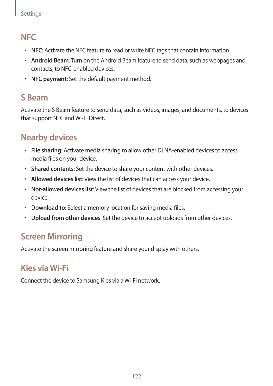 Samsung GT-I9500ZSATUN, GT-I9500DKYAFG, GT-I9500DKYBTC manual Beam, Nearby devices, Screen Mirroring, Kies via Wi-Fi 