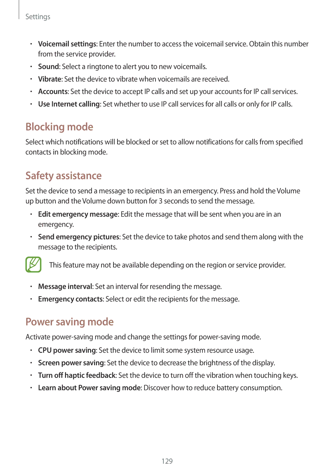 Samsung GT-I9500ZSALYS, GT-I9500DKYAFG, GT-I9500DKYBTC, GT-I9500GNAAFR Blocking mode, Safety assistance, Power saving mode 