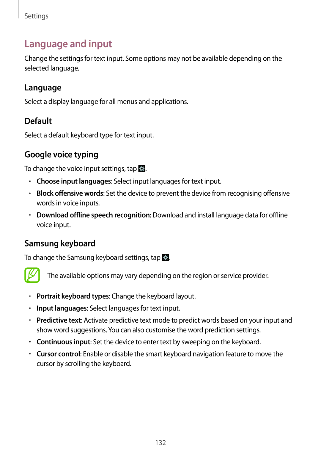 Samsung GT-I9500DKYPAK, GT-I9500DKYAFG, GT-I9500DKYBTC Language and input, Default, Google voice typing, Samsung keyboard 