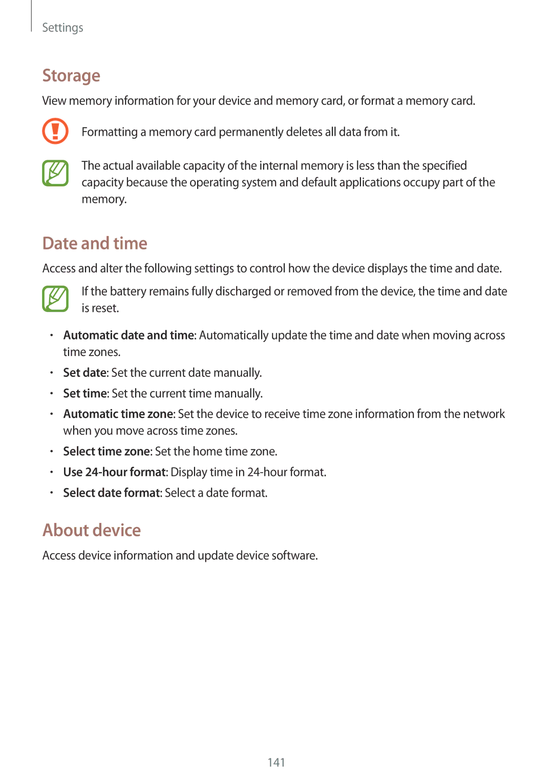 Samsung GT-I9500DKYTUN, GT-I9500DKYAFG, GT-I9500DKYBTC, GT-I9500GNAAFR, GT-I9500GNAKSA Storage, Date and time, About device 