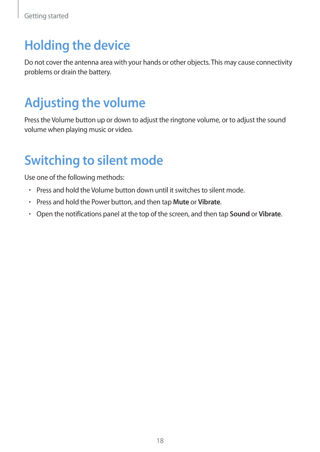 Samsung GT-I9500ZNATHR, GT-I9500DKYAFG, GT-I9500DKYBTC Holding the device, Adjusting the volume, Switching to silent mode 