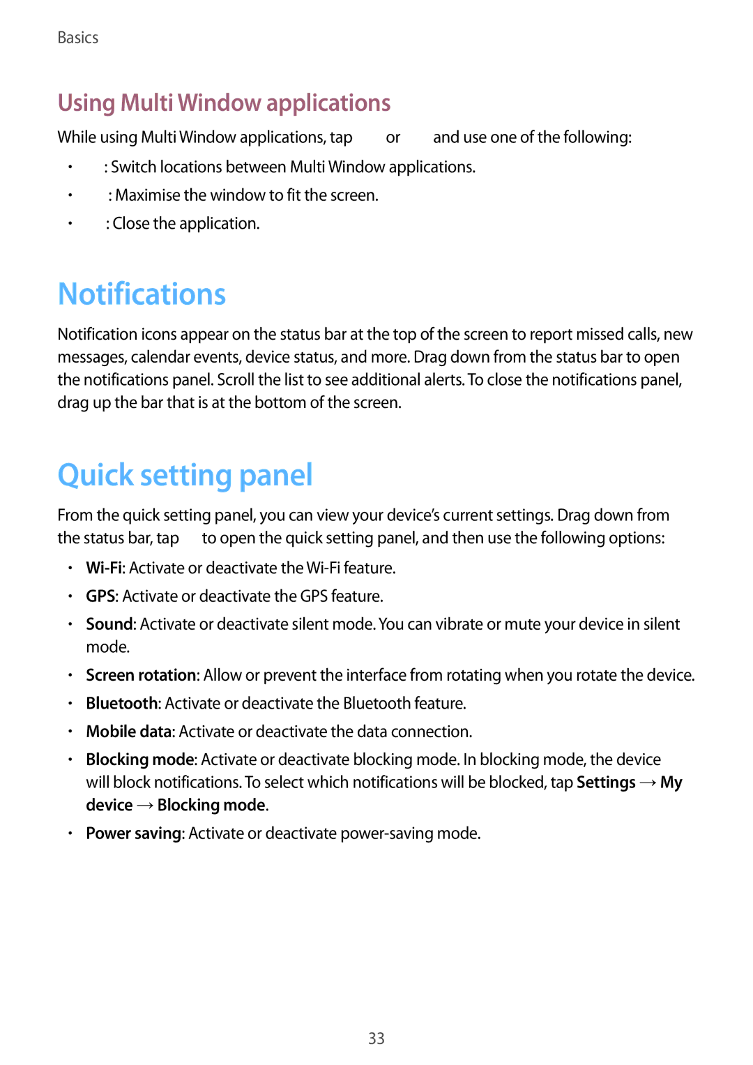 Samsung GT-I9500GNATHR, GT-I9500DKYAFG, GT-I9500DKYBTC Notifications, Quick setting panel, Using Multi Window applications 