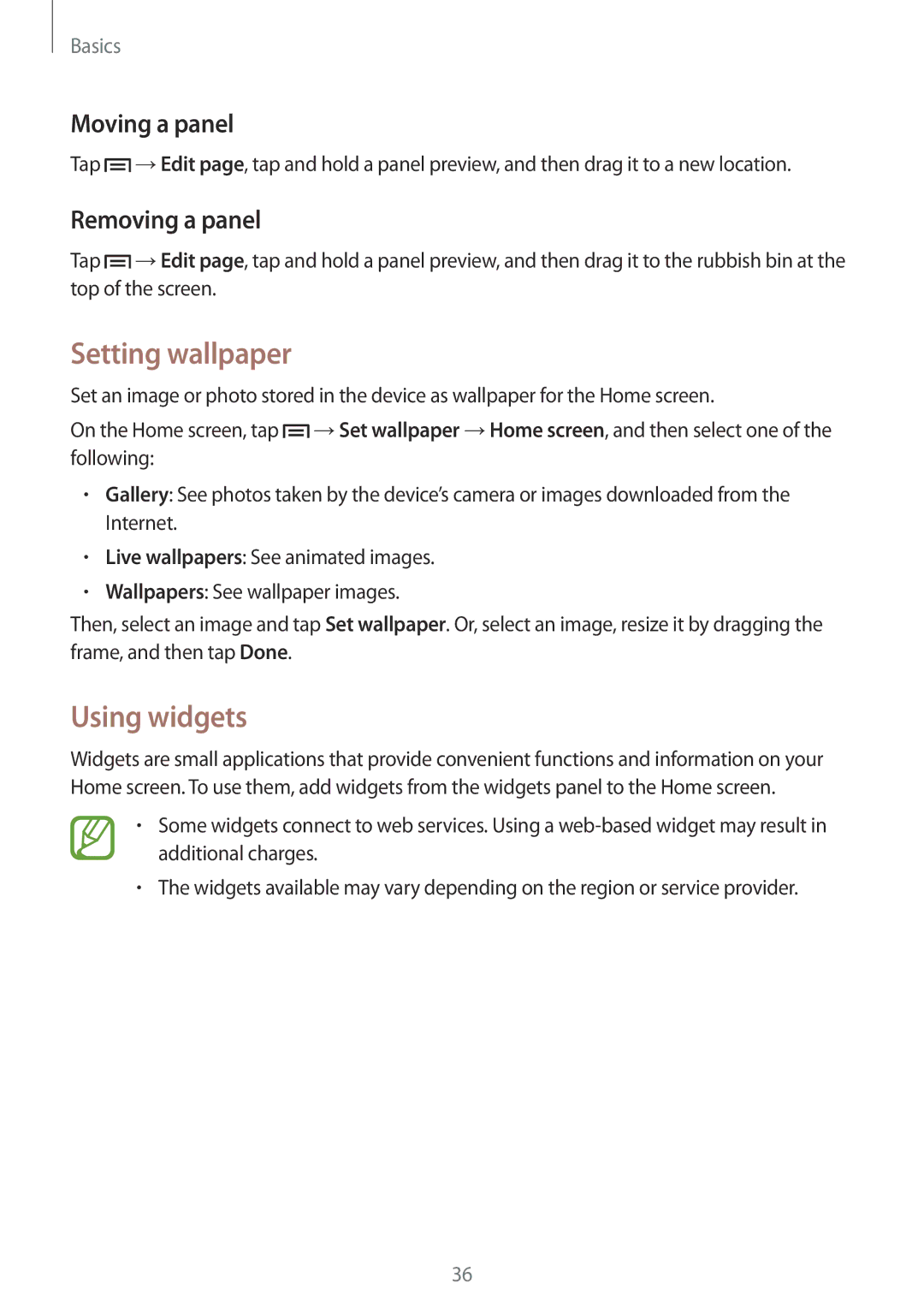 Samsung GT-I9500GNAAFG, GT-I9500DKYAFG, GT-I9500DKYBTC Setting wallpaper, Using widgets, Moving a panel, Removing a panel 