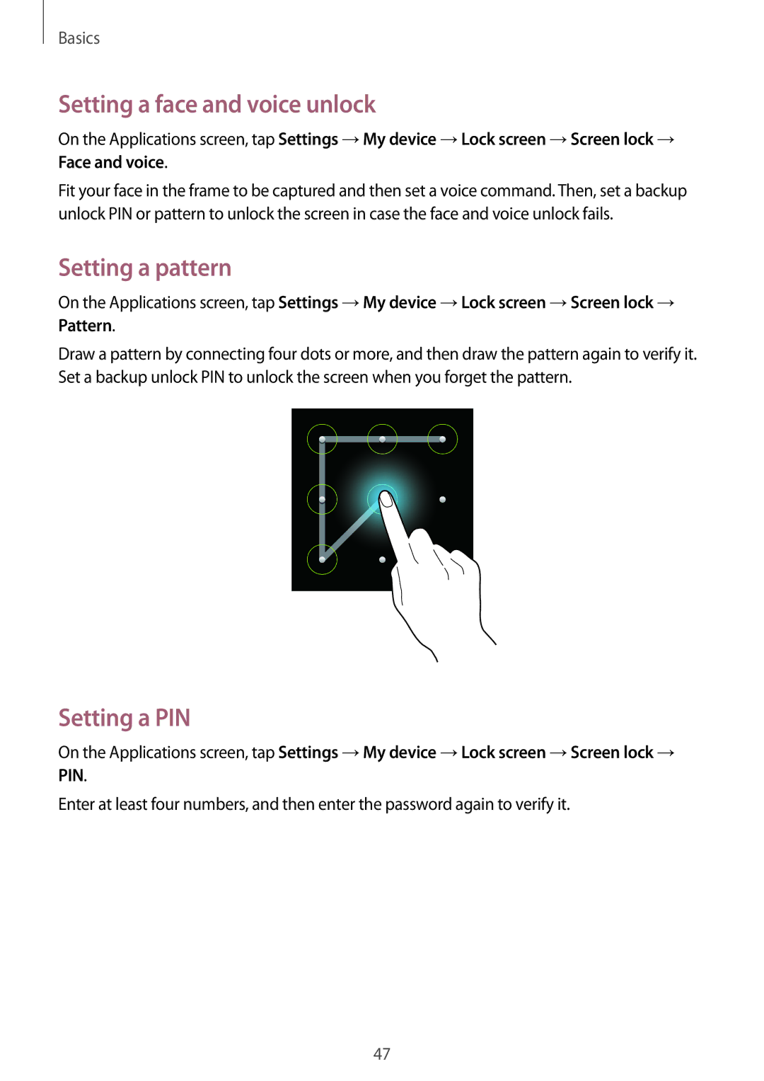 Samsung GT-I9500ZKAXXV, GT-I9500DKYAFG, GT-I9500DKYBTC Setting a face and voice unlock, Setting a pattern, Setting a PIN 