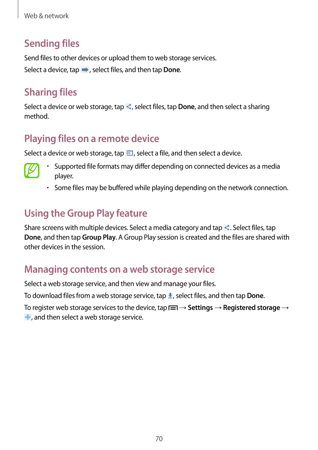 Samsung GT-I9500ZRZKSA manual Sending files, Sharing files, Playing files on a remote device, Using the Group Play feature 