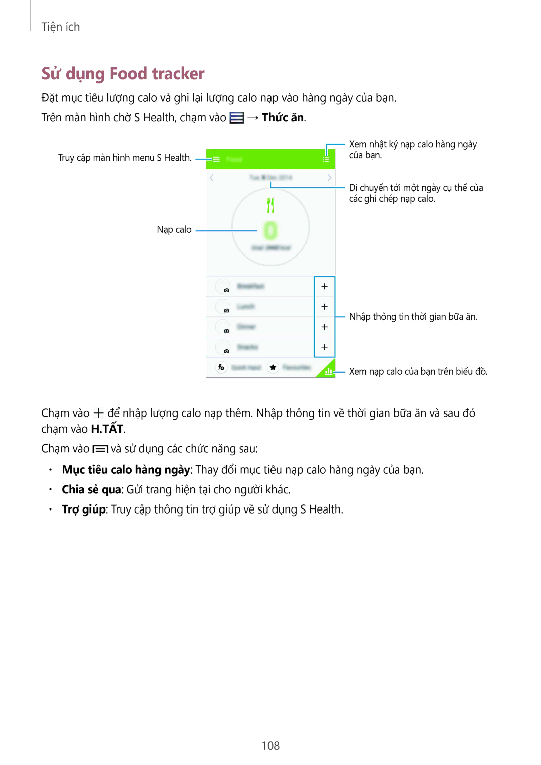 Samsung GT-I9500DKYXXV, GT-I9500ZBAXXV, GT-I9500ZWAXXV, GT-I9500ZKAXXV, GT-I9500ZIAXXV manual Sử dụng Food tracker 