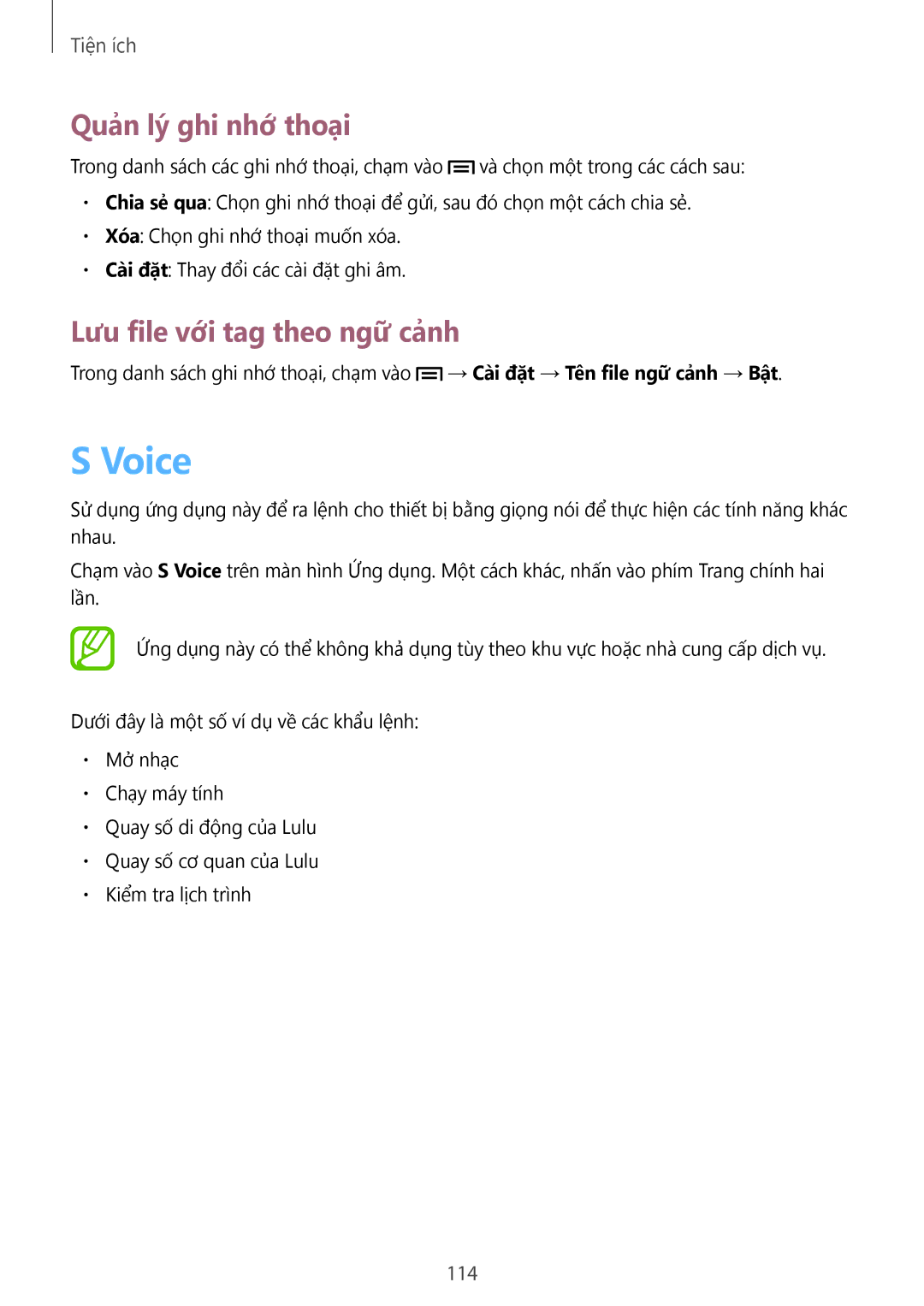Samsung GT-I9500ZIAXXV, GT-I9500ZBAXXV, GT-I9500ZWAXXV manual Voice, Quản lý́ ghi nhớ thoại, Lưu file với tag theo ngữ cảnh 
