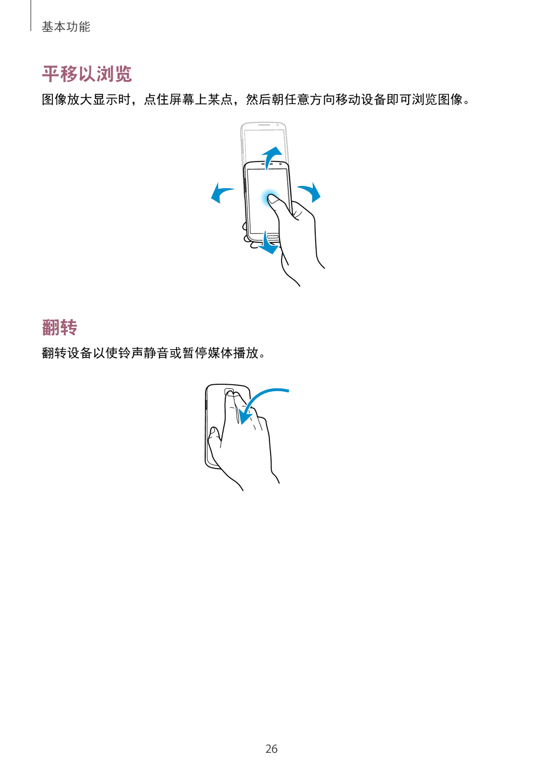 Samsung GT-I9500ZWAXXV, GT-I9500ZBAXXV, GT-I9500ZKAXXV manual 平移以浏览, 图像放大显示时，点住屏幕上某点，然后朝任意方向移动设备即可浏览图像。 翻转设备以使铃声静音或暂停媒体播放。 