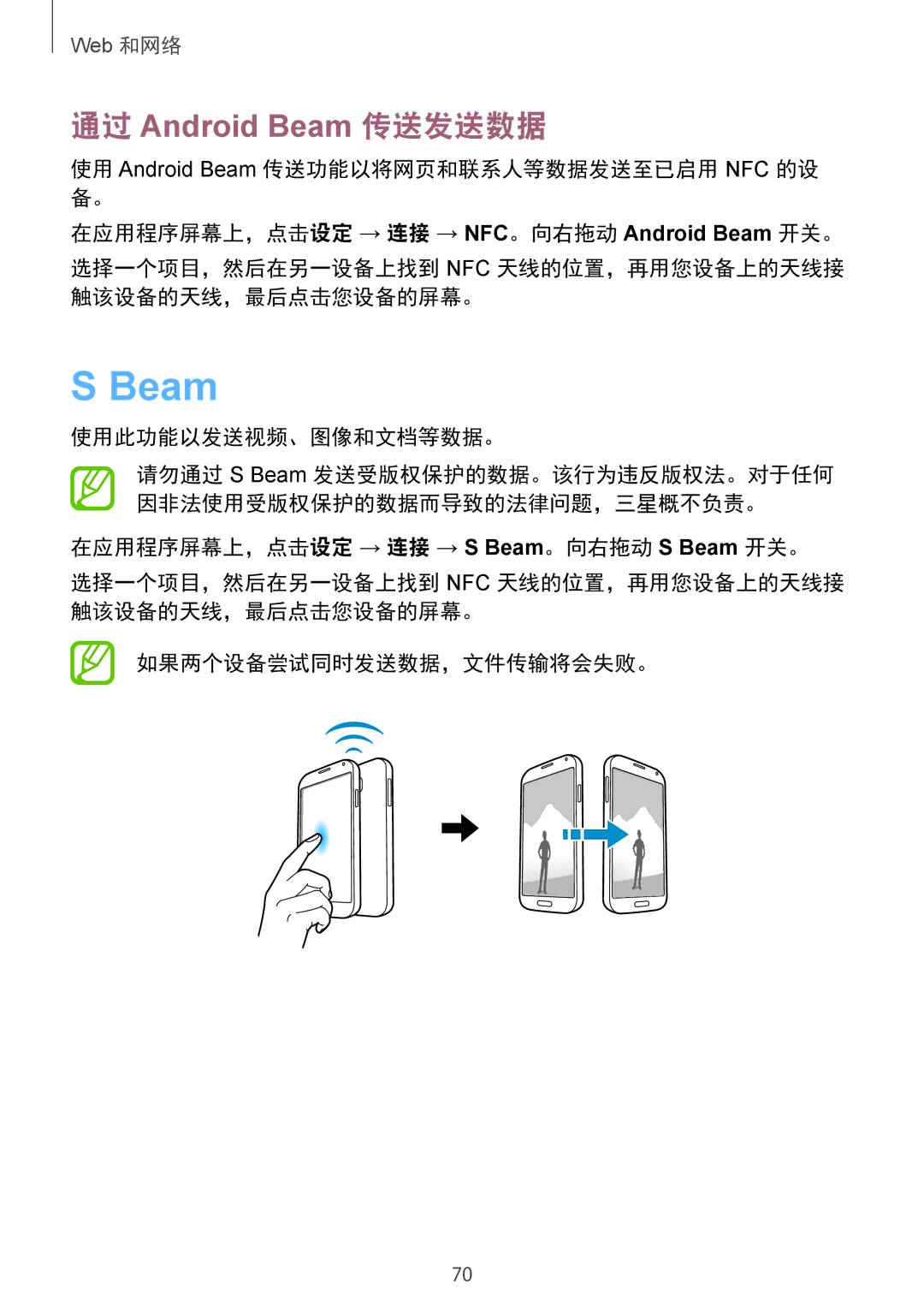 Samsung GT-I9500ZBAXXV 使用此功能以发送视频、图像和文档等数据。, 在应用程序屏幕上，点击设定 → 连接 → S Beam。向右拖动 S Beam 开关。, 如果两个设备尝试同时发送数据，文件传输将会失败。 