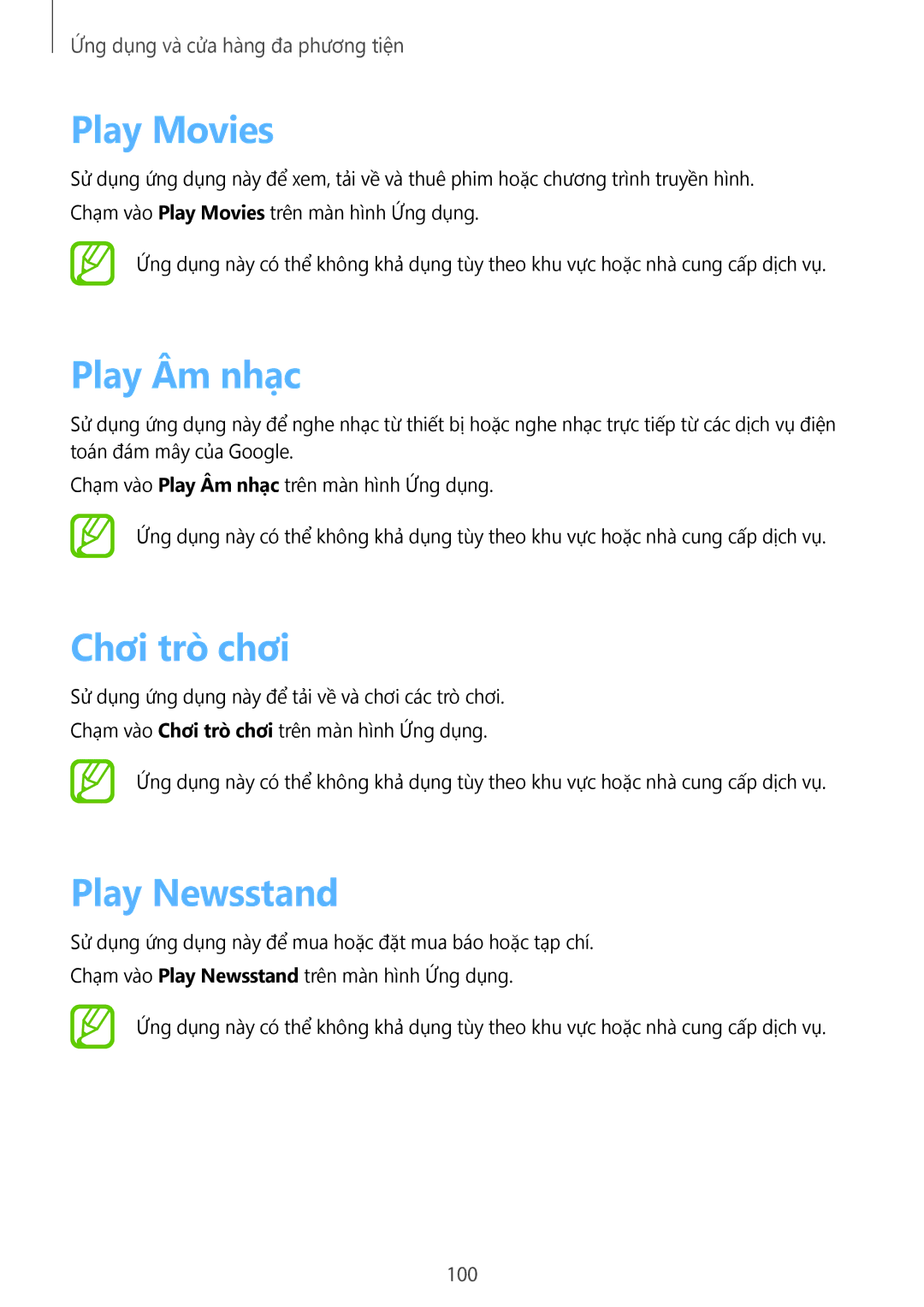 Samsung GT-I9500ZBAXXV, GT-I9500ZWAXXV, GT-I9500ZKAXXV manual Play Movies, Play Âm nhạc, Chơi trò̀ chơi, Play Newsstand, 100 