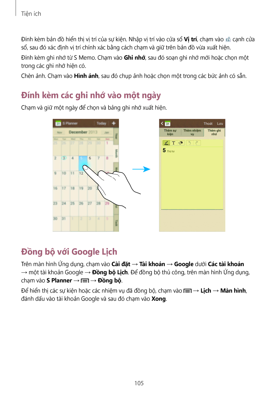 Samsung GT-I9500ZBAXXV, GT-I9500ZWAXXV, GT-I9500ZKAXXV manual Đính kèm các ghi nhớ vào một ngày, Đồng bộ với Google Lịch, 105 