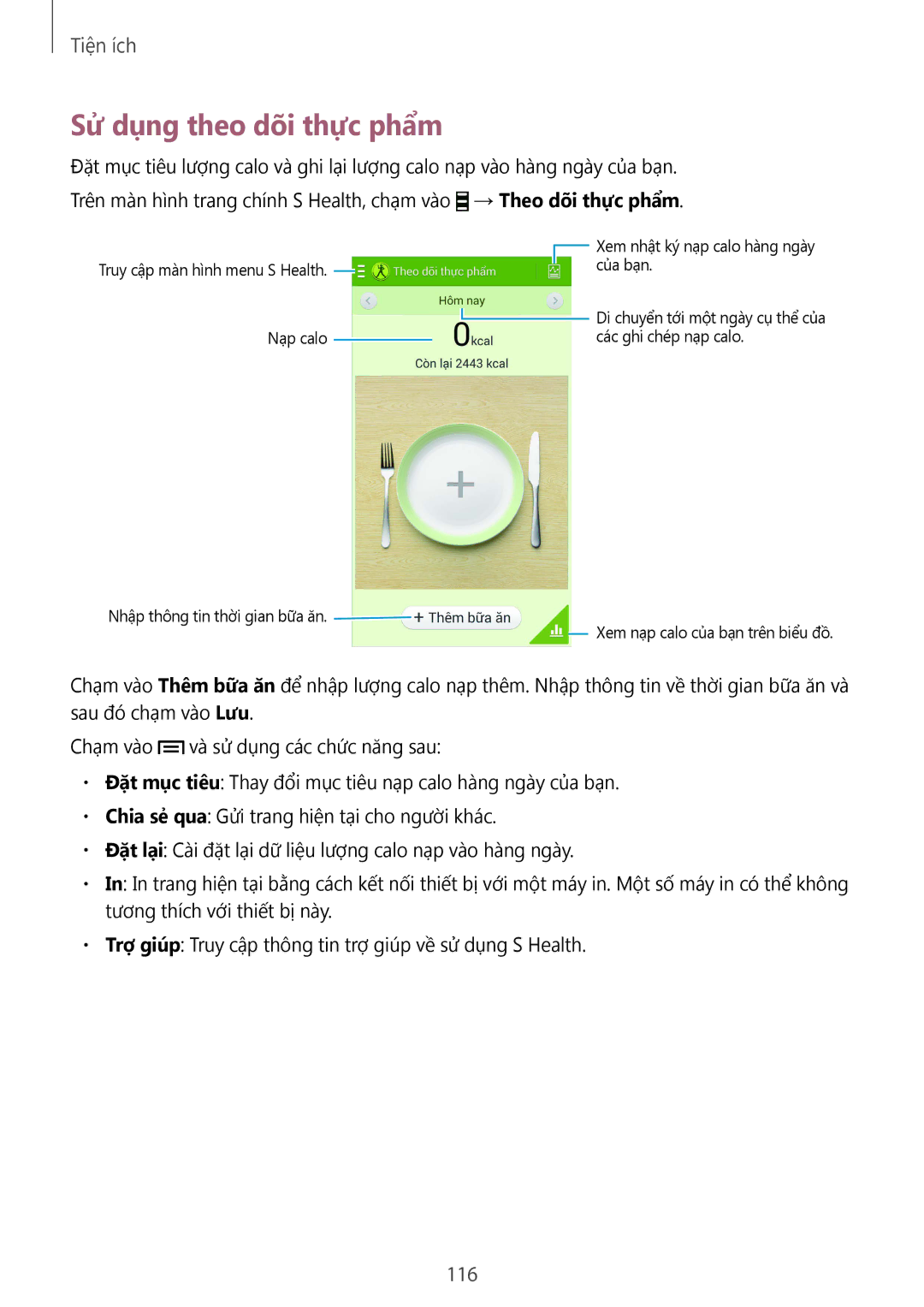 Samsung GT-I9500ZWAXXV, GT-I9500ZBAXXV, GT-I9500ZKAXXV, GT-I9500DKYXXV, GT-I9500ZIAXXV manual Sử dụng theo dõi thực phẩm, 116 