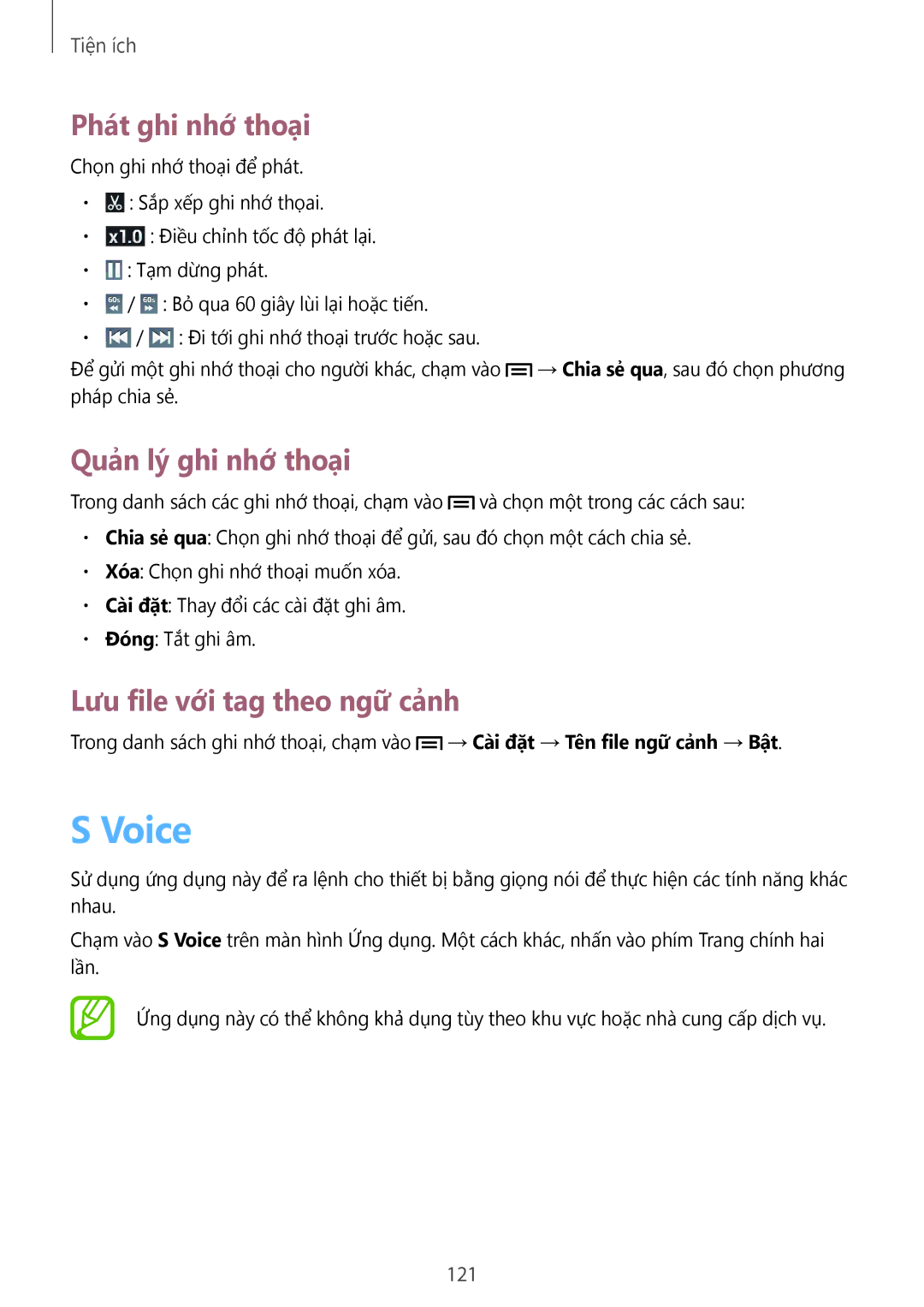 Samsung GT-I9500ZWAXXV manual Voice, Phát ghi nhớ thoại, Quản lý ghi nhớ thoại, Lưu file với tag theo ngữ cảnh, 121 