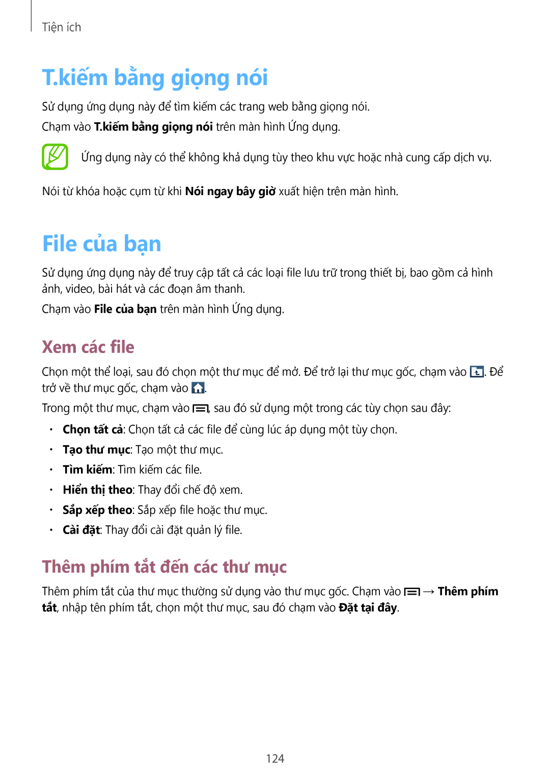 Samsung GT-I9500ZIAXXV manual Kiếm bằng giọng nói, File củ̉a bạn, Xem các file, Thêm phím tắt đến các thư mục, 124 