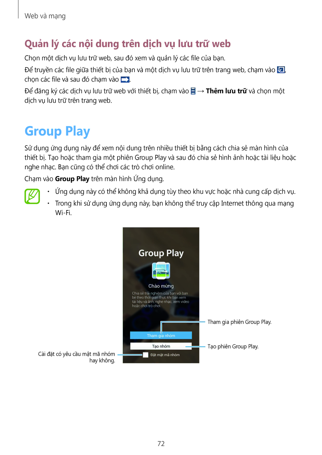 Samsung GT-I9500ZKAXXV, GT-I9500ZBAXXV, GT-I9500ZWAXXV manual Group Play, Quản lý các nội dung trên dịch vụ lưu trữ web 