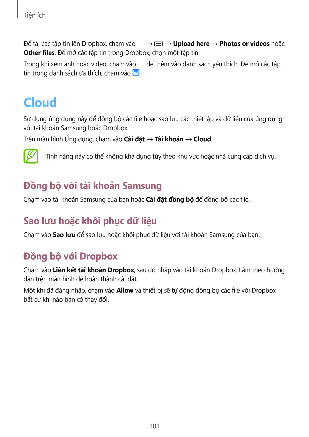 Samsung GT-I9500ZWAXXV Cloud, Đồng bộ với tài khoản Samsung, Sao lưu hoặc khôi phục dữ liệu, Đồng bộ với Dropbox, 101 