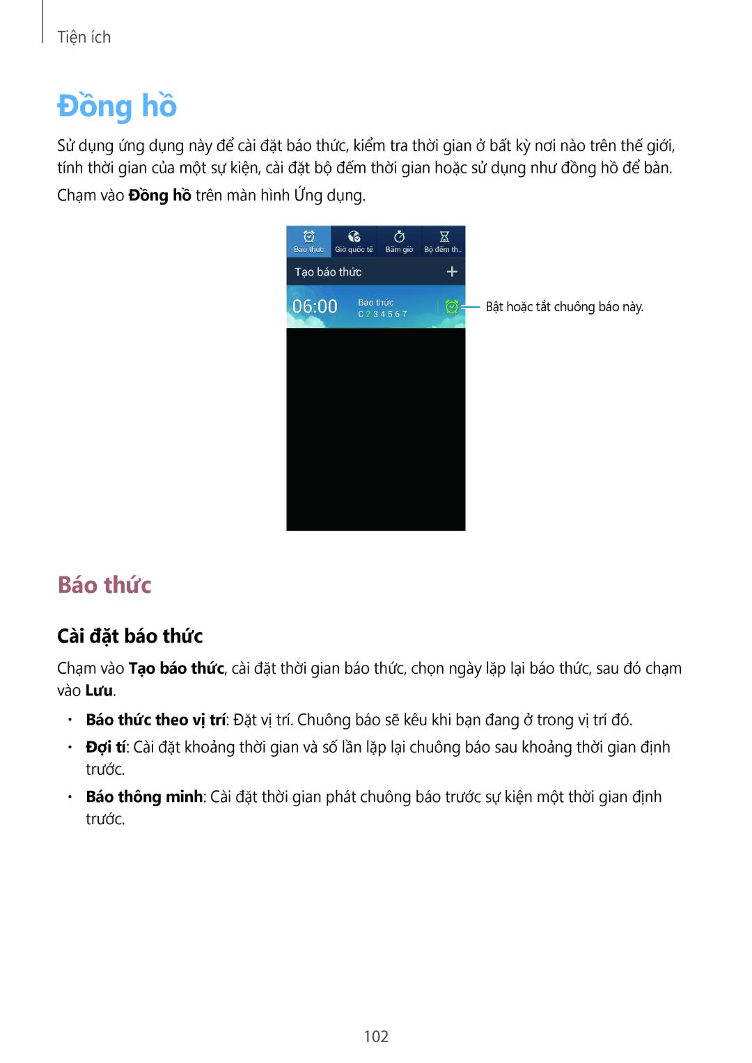 Samsung GT-I9500ZKAXXV, GT-I9500ZBAXXV, GT-I9500ZWAXXV, GT-I9500DKYXXV manual Đồng hồ, Báo thức, Cài đặt báo thức, 102 