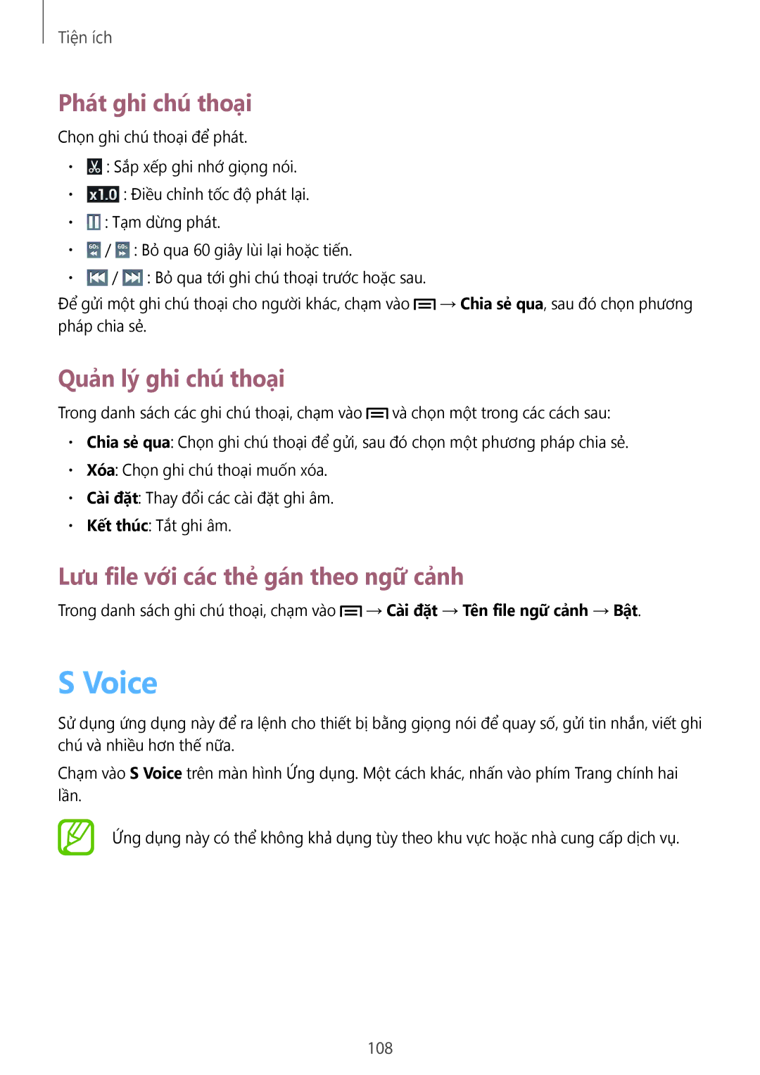 Samsung GT-I9500DKYXXV manual Voice, Phát ghi chú thoại, Quản lý ghi chú thoại, Lưu file với các thẻ gán theo ngữ cảnh, 108 