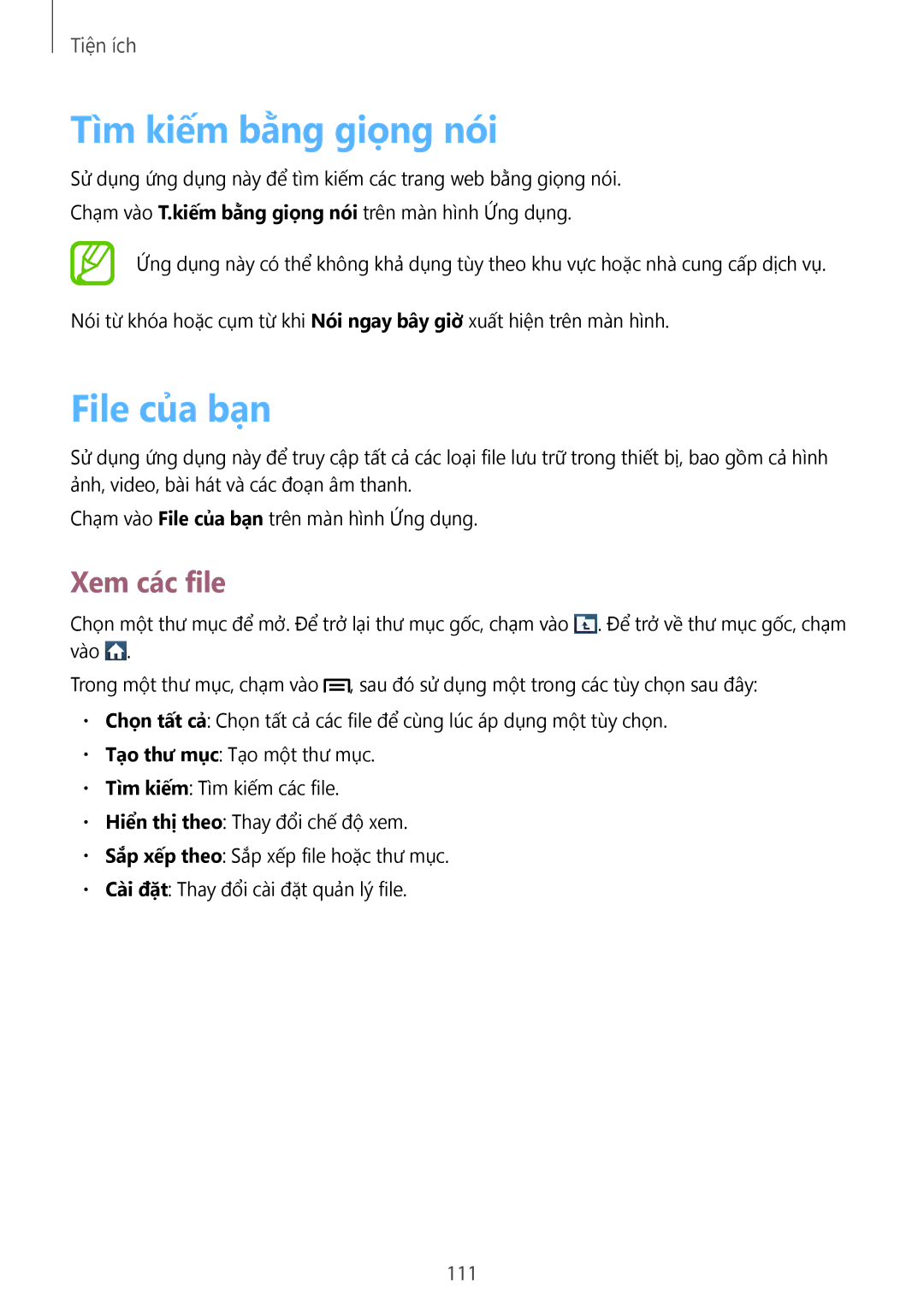 Samsung GT-I9500ZWAXXV, GT-I9500ZBAXXV, GT-I9500ZKAXXV manual Tìm kiếm bằng giọng nói, File củ̉a bạn, Xem các file, 111 