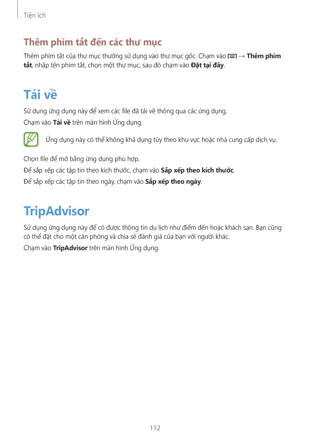 Samsung GT-I9500ZKAXXV, GT-I9500ZBAXXV, GT-I9500ZWAXXV manual Tải về, TripAdvisor, Thêm phím tắt đến các thư mục, 112 