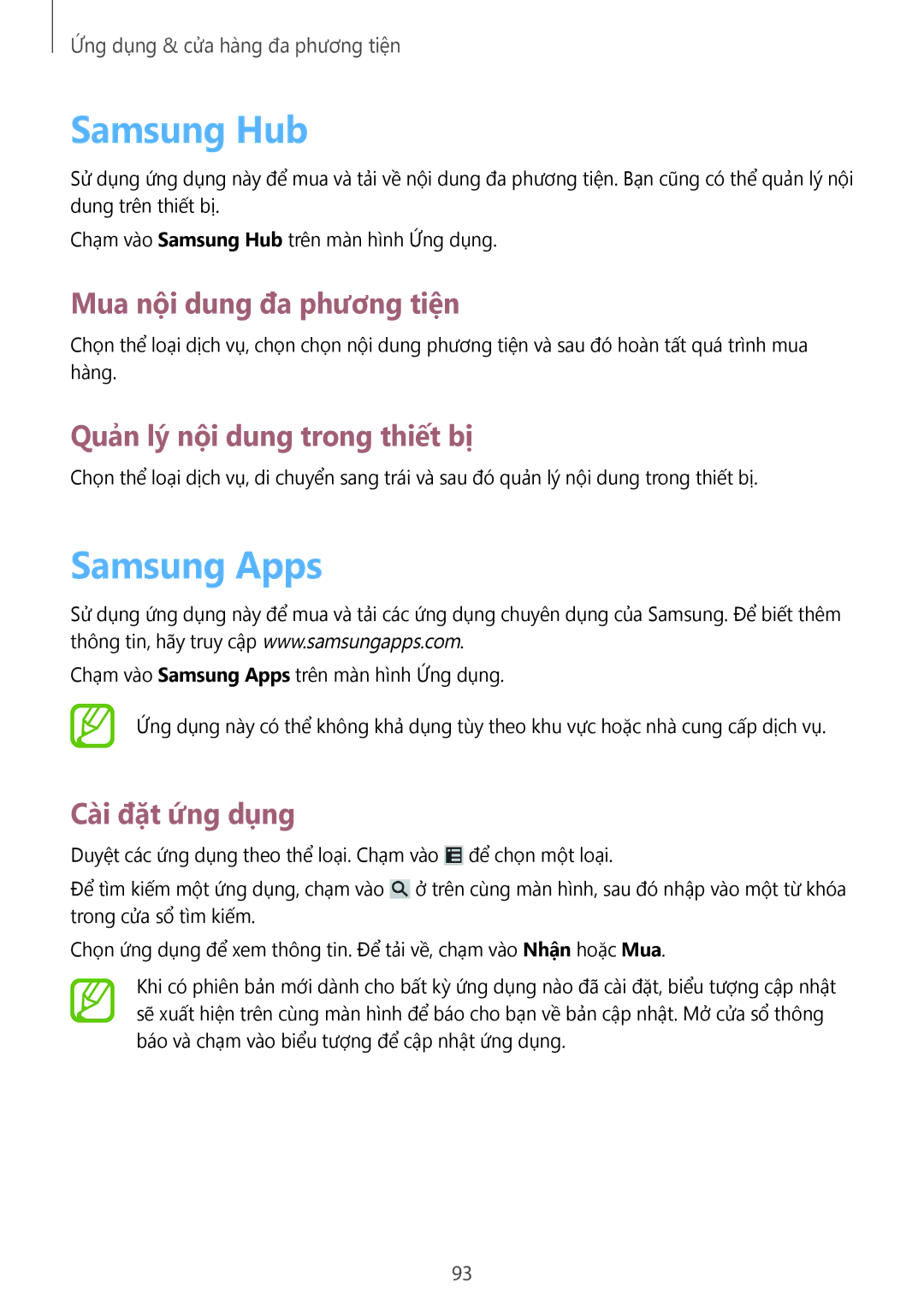 Samsung GT-I9500DKYXXV manual Samsung Hub, Samsung Apps, Mua nội dung đa phương tiện, Quản lý nội dung trong thiết bị 