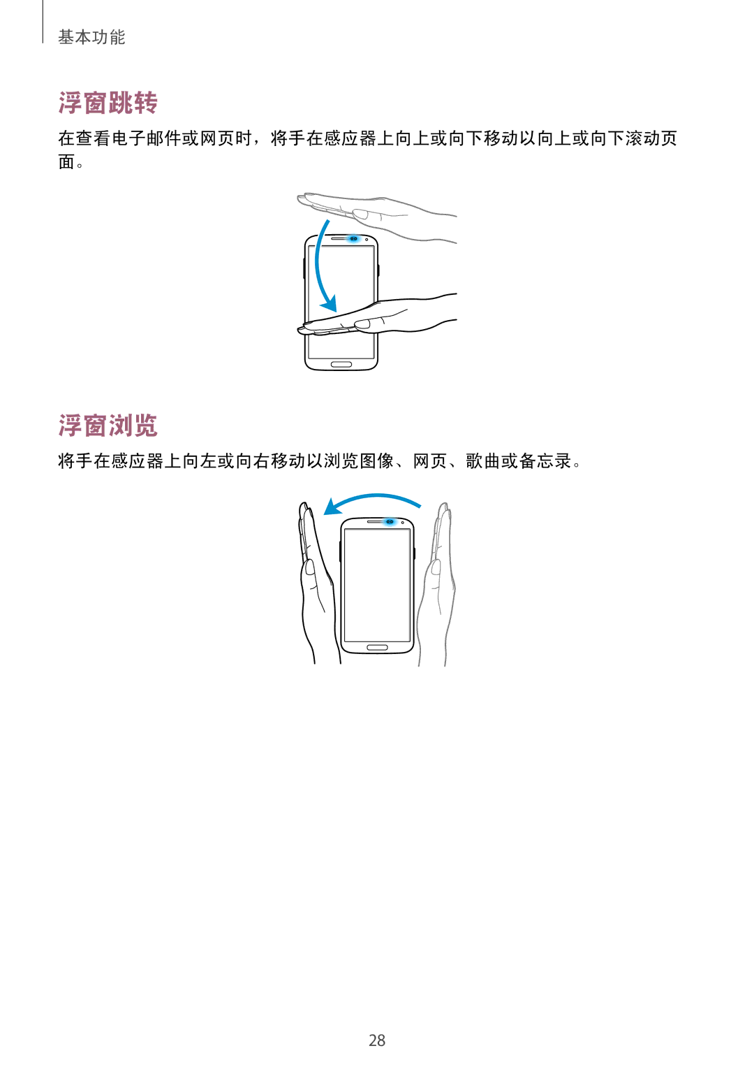 Samsung GT-I9500DKYXXV, GT-I9500ZBAXXV, GT-I9500ZWAXXV, GT-I9500ZKAXXV manual 浮窗跳转, 浮窗浏览, 将手在感应器上向左或向右移动以浏览图像、网页、歌曲或备忘录。 