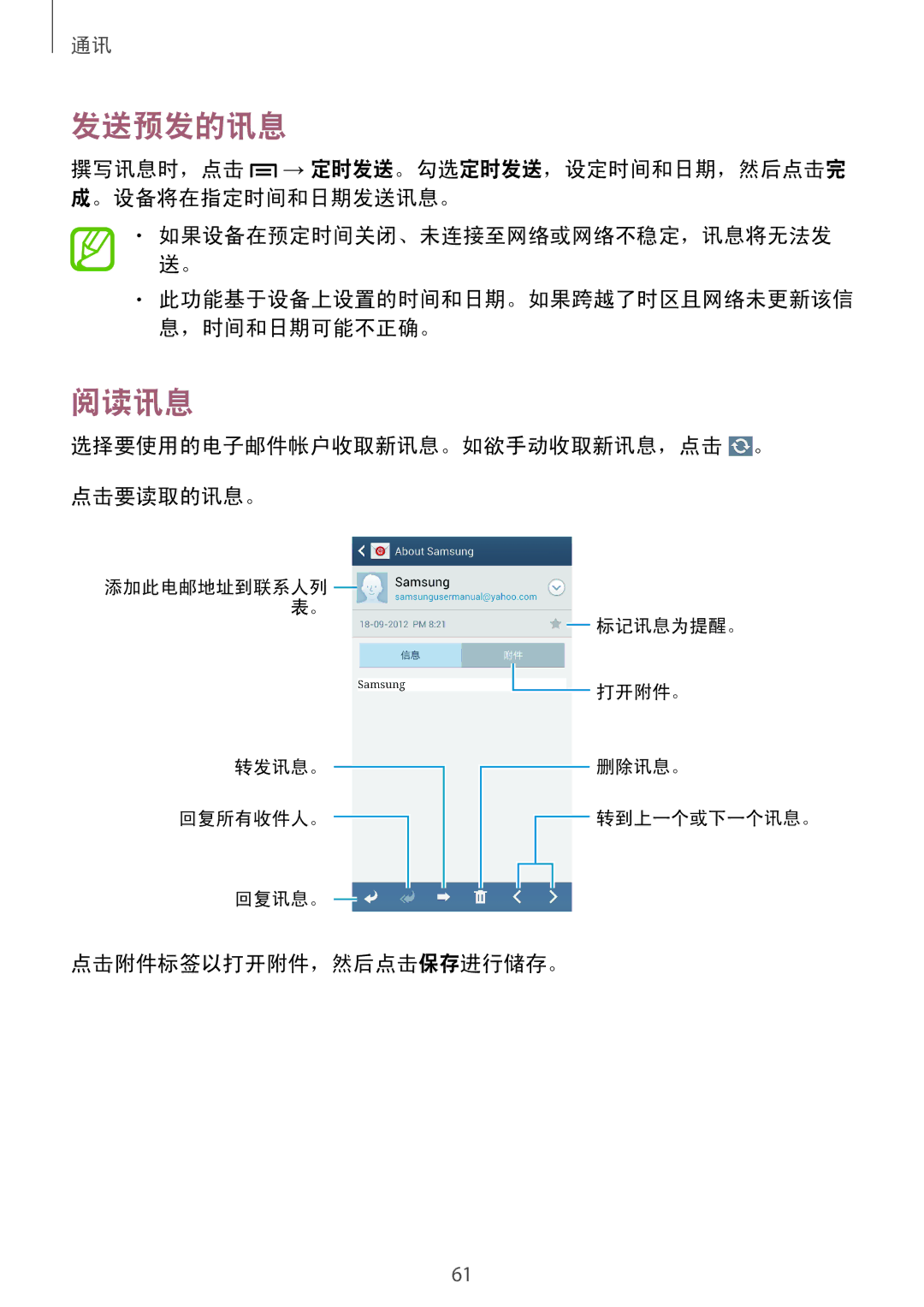 Samsung GT-I9500ZWAXXV, GT-I9500ZBAXXV manual 阅读讯息, 选择要使用的电子邮件帐户收取新讯息。如欲手动收取新讯息，点击 。 点击要读取的讯息。, 点击附件标签以打开附件，然后点击保存进行储存。 