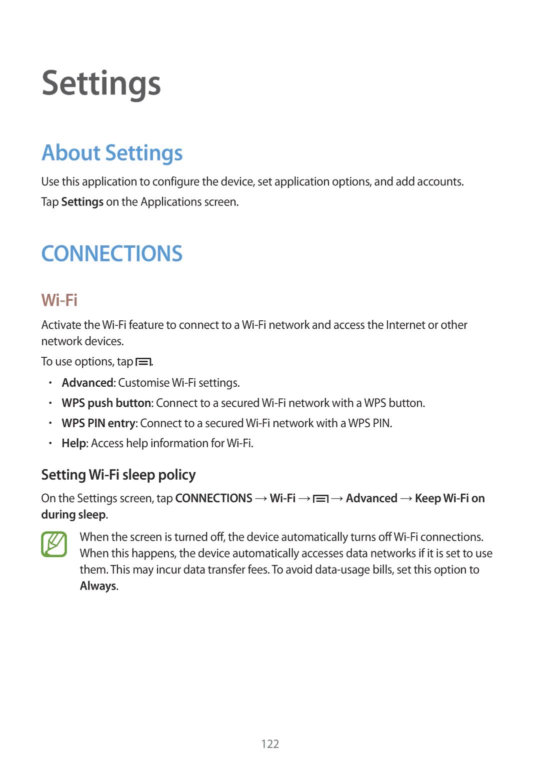 Samsung GT-I9500ZWAPTR, GT-I9500ZKACEL, GT-I9500ZWAILO, GT-I9500DKYPCL About Settings, Setting Wi-Fi sleep policy 