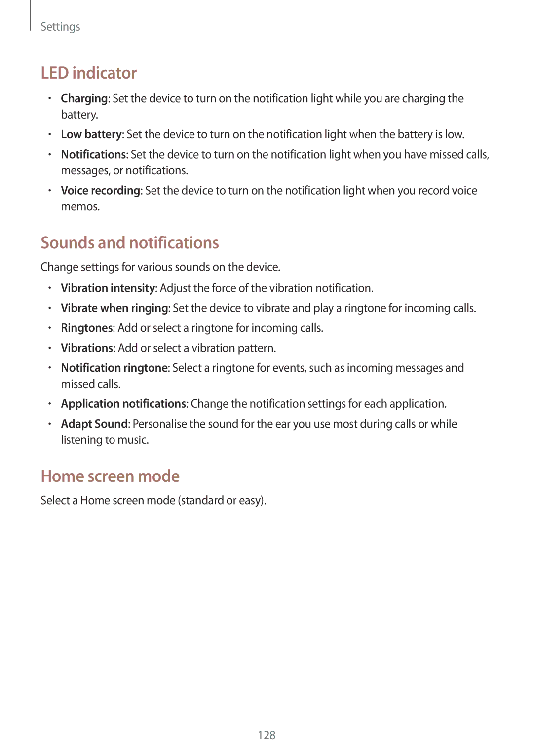 Samsung GT-I9500ZKAPTR, GT-I9500ZKACEL, GT-I9500ZWAILO manual LED indicator, Sounds and notifications, Home screen mode 